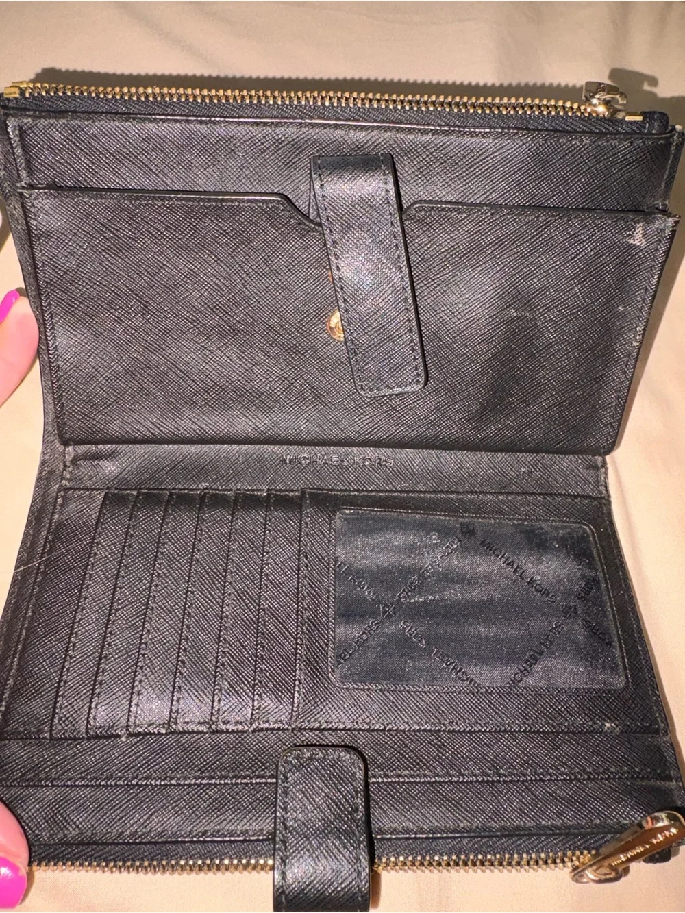 Michael Kors Black Leather Wristlet with Gold Logo
